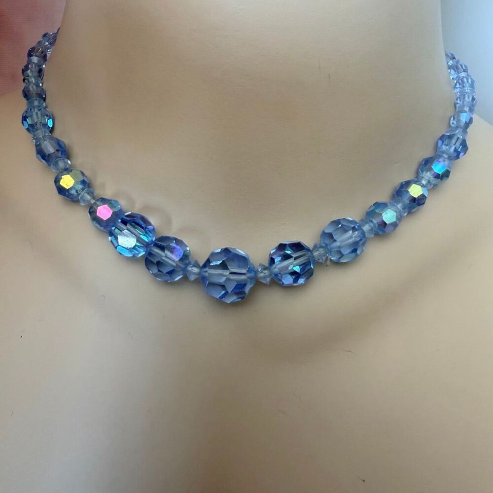 Vintage Blue Aurora Borealis AB Crystal Graduated Bead Necklace